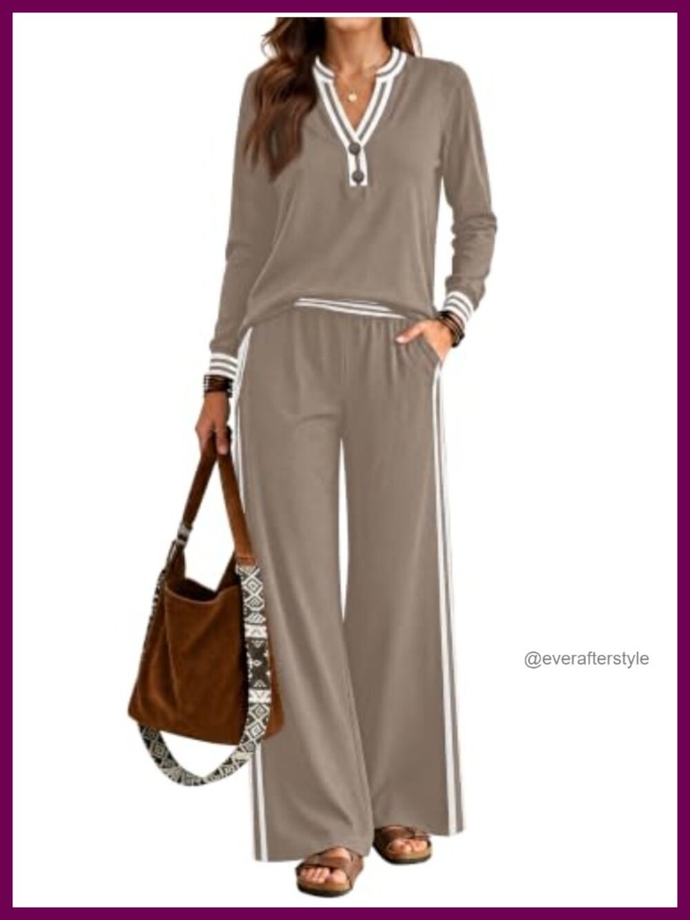 Women's 2 Piece Lounge Set Henley Top High Waist Wide Leg Pants